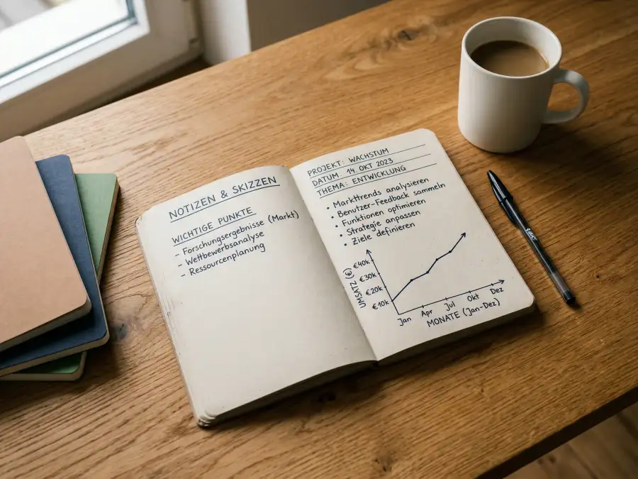 Offenes Notizbuch mit handschriftlichem Wettprotokoll und einfacher Verlaufskurve auf einem Holztisch