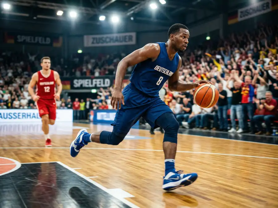 Basketballspieler im Tempo-Gegenangriff unter Flutlicht als Sinnbild für die Schnelligkeit von Live-Wetten