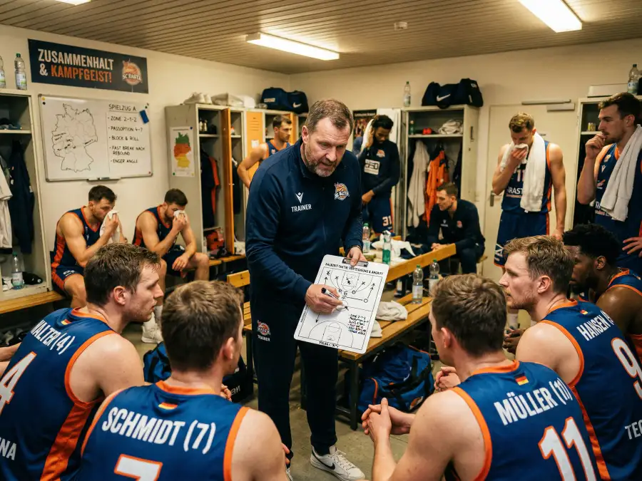 Basketballtrainer zeigt in der Halbzeitpause Spielzüge auf einem Taktikbrett